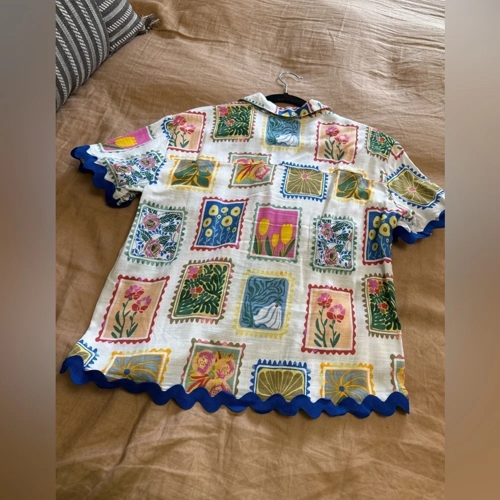 Floral linen blend vibrant button front short sleeve dad shirt - Picture 3 of 7